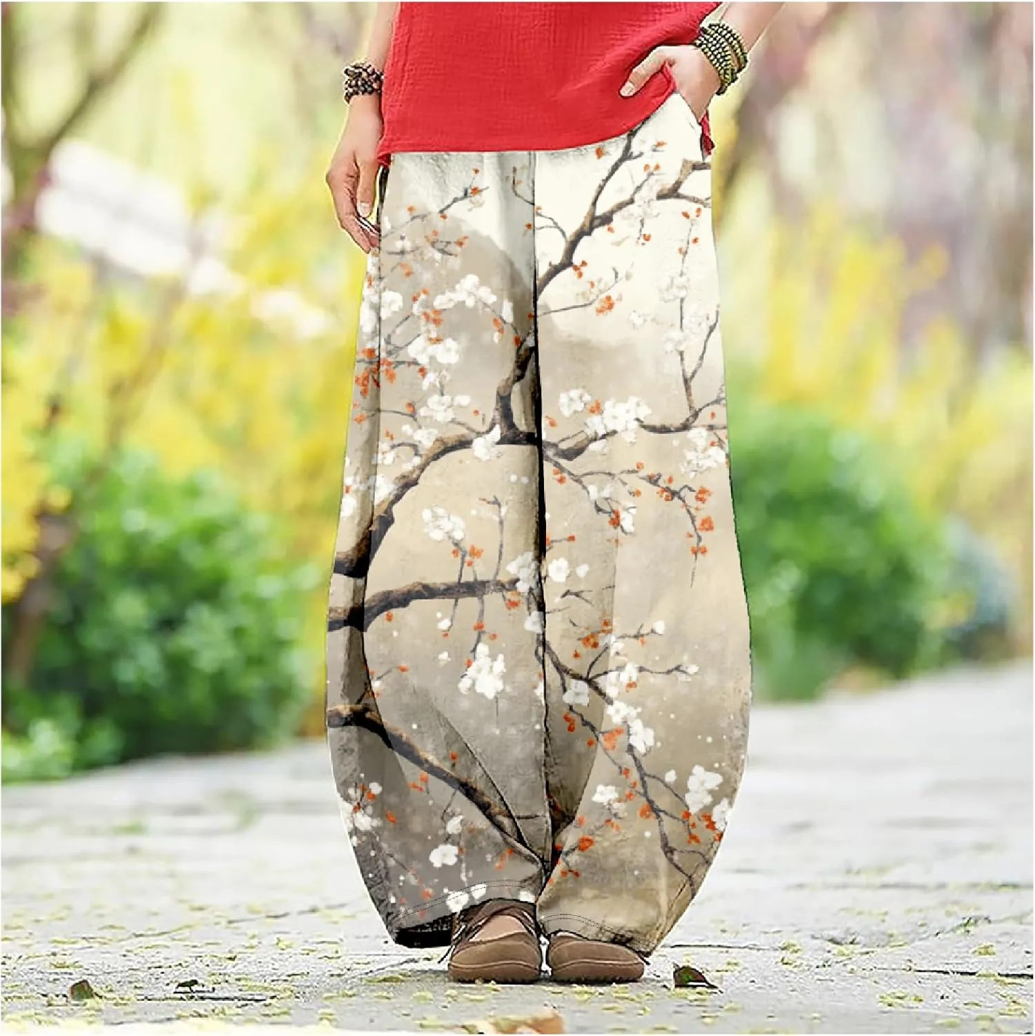 Womens Baggy Cotton Linen Blend Wide Leg Palazzo Pants Ladies Summer Casual Loose Hippie Lantern Trousers with Elastic Waist