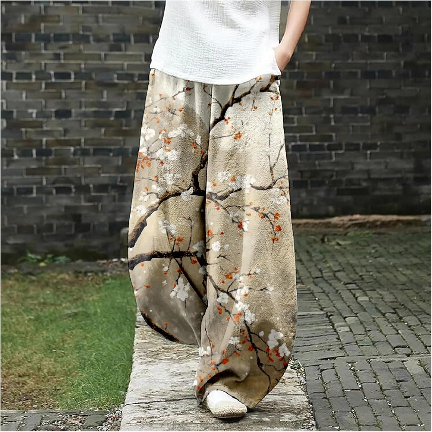 Womens Baggy Cotton Linen Blend Wide Leg Palazzo Pants Ladies Summer Casual Loose Hippie Lantern Trousers with Elastic Waist