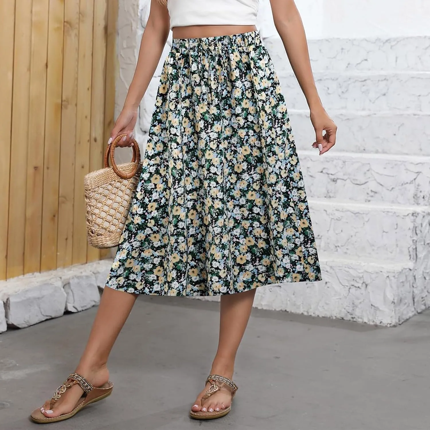 Women's Beach Vacation Clothes Casual Loose Trendy Elastic High Waist Floral Print Bohemian Maxi Skirts 2025, S-2XL