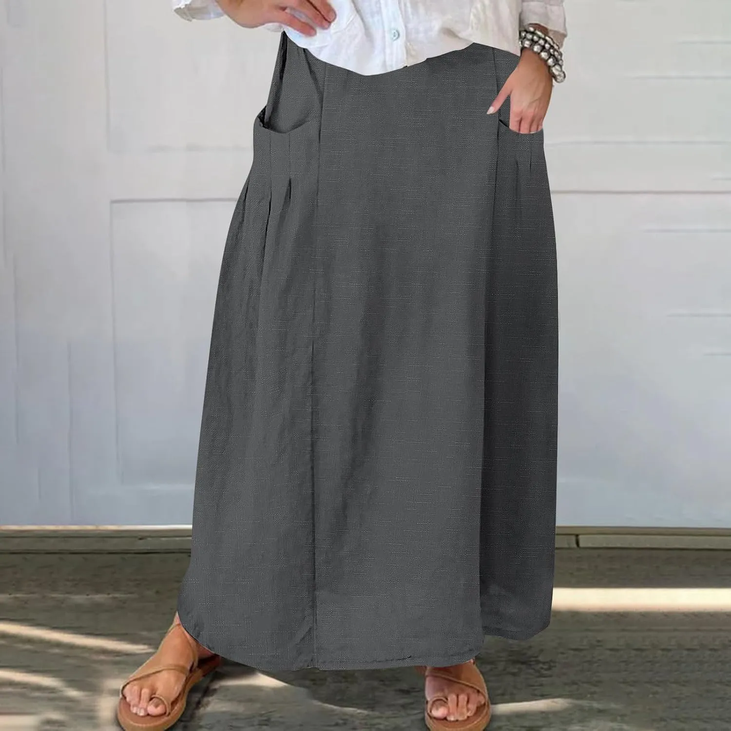 Women's Bohemian Skirts Solid Plus Size Loose Comfy Skirt Casual Dress Skirts High Waist Long Skirt with Pockets