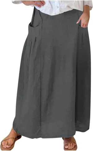 Women's Bohemian Skirts Solid Plus Size Loose Comfy Skirt Casual Dress Skirts High Waist Long Skirt with Pockets