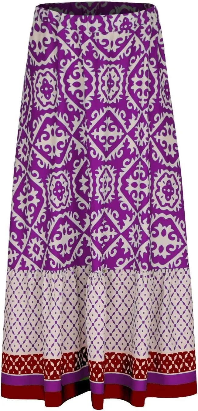 Women's Boho Elastic High Waist A Line Flared Ruffle Swing Beach Maxi Skirt Summer Beach Wrap Cover Up Long Skirt