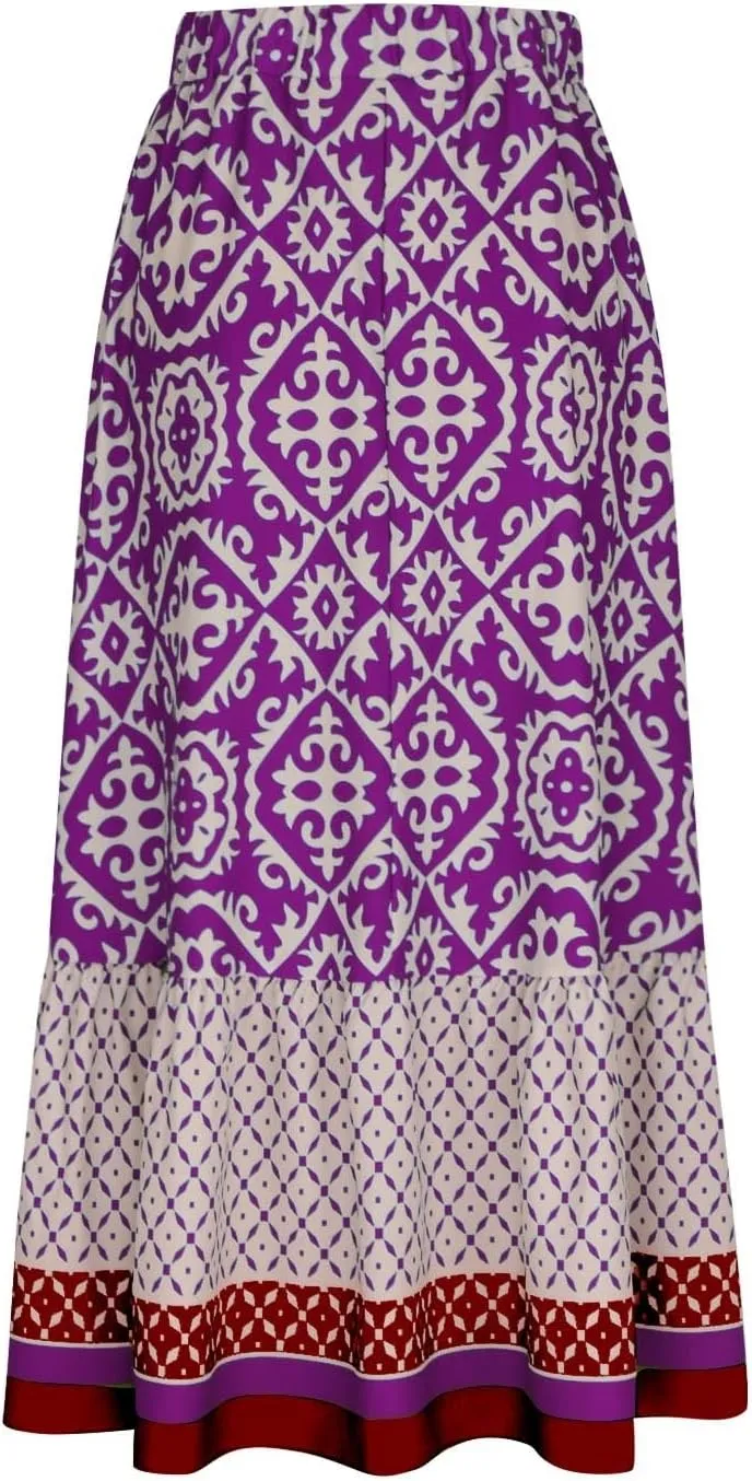Women's Boho Elastic High Waist A Line Flared Ruffle Swing Beach Maxi Skirt Summer Beach Wrap Cover Up Long Skirt