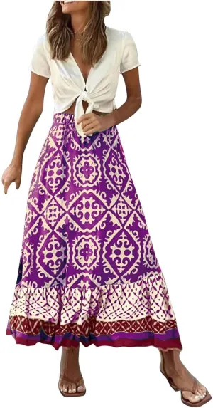 Women's Boho Elastic High Waist A Line Flared Ruffle Swing Beach Maxi Skirt Summer Beach Wrap Cover Up Long Skirt