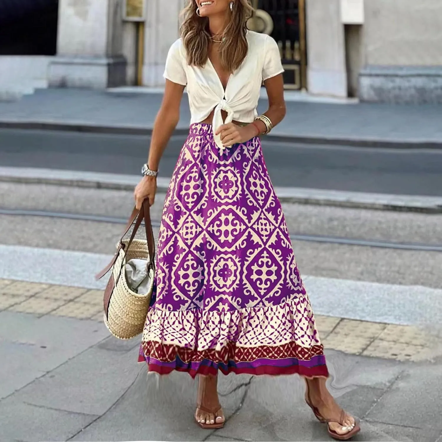 Women's Boho Elastic High Waist A Line Flared Ruffle Swing Beach Maxi Skirt Summer Beach Wrap Cover Up Long Skirt