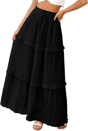 Womens Boho Floral Wrap Maxi Skirt High Waist Pleated A-Line Flowy Swing Line Maxi Long Skirt Beach Skirts