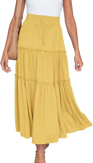 Women's Boho Long Skirts Summer Elastic High Waist A-Line Pleated Flowy Ruffle Hem Swing Beach Holiday Maxi Skirt
