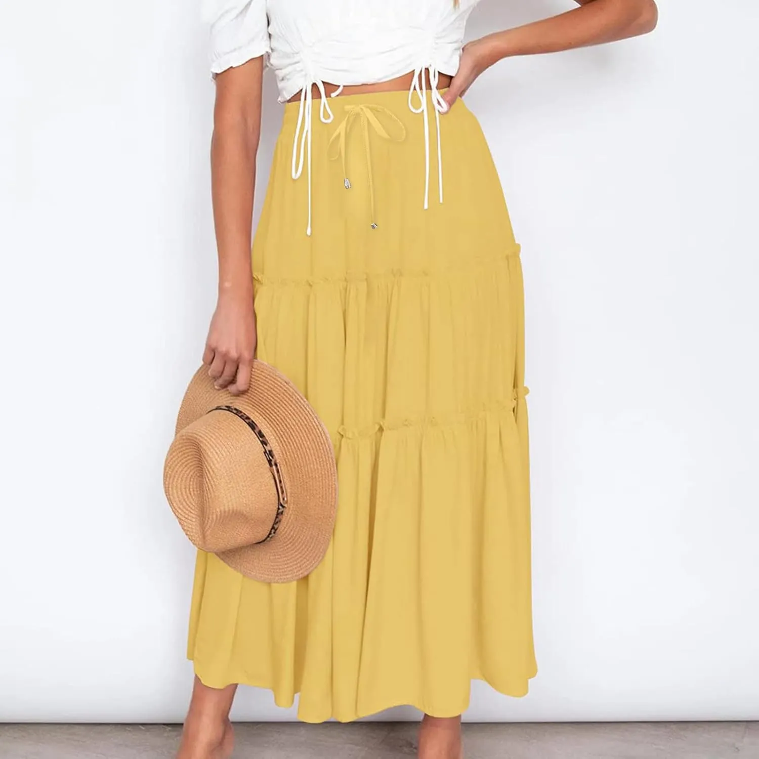 Women's Boho Long Skirts Summer Elastic High Waist A-Line Pleated Flowy Ruffle Hem Swing Beach Holiday Maxi Skirt