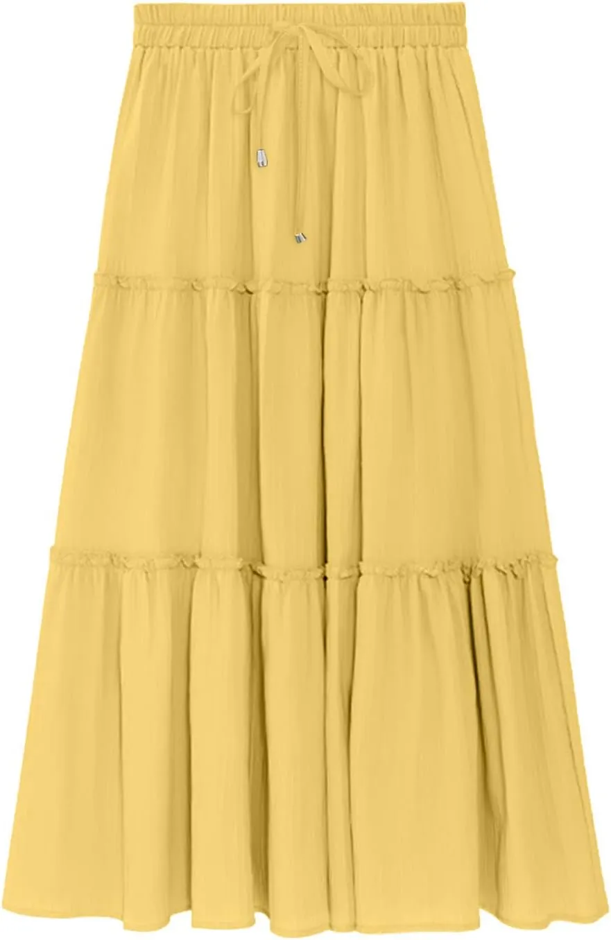 Women's Boho Long Skirts Summer Elastic High Waist A-Line Pleated Flowy Ruffle Hem Swing Beach Holiday Maxi Skirt