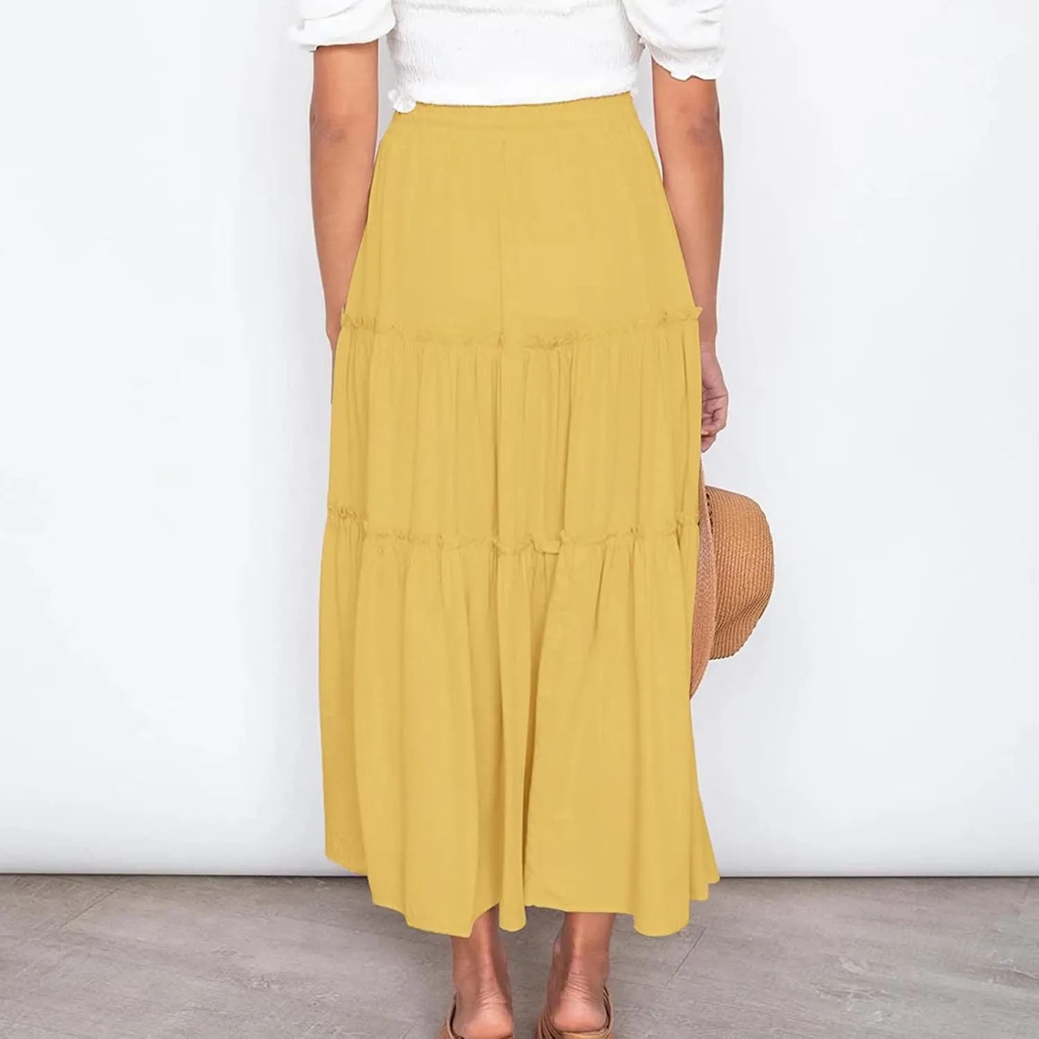 Women's Boho Long Skirts Summer Elastic High Waist A-Line Pleated Flowy Ruffle Hem Swing Beach Holiday Maxi Skirt