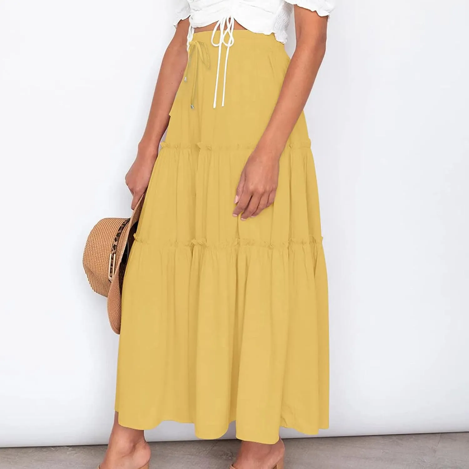 Women's Boho Long Skirts Summer Elastic High Waist A-Line Pleated Flowy Ruffle Hem Swing Beach Holiday Maxi Skirt