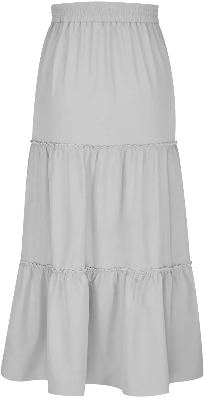 Womens Boho Maxi Skirt Elastic Waist A Line Ruffle Long Skirts Trendy Beach Midi Tiered Swing Skirts Flowy Skirt