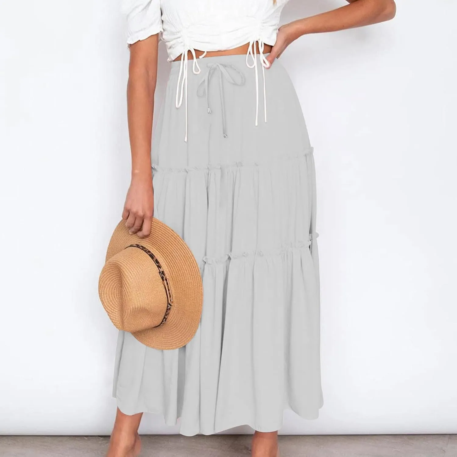 Womens Boho Maxi Skirt Elastic Waist A Line Ruffle Long Skirts Trendy Beach Midi Tiered Swing Skirts Flowy Skirt