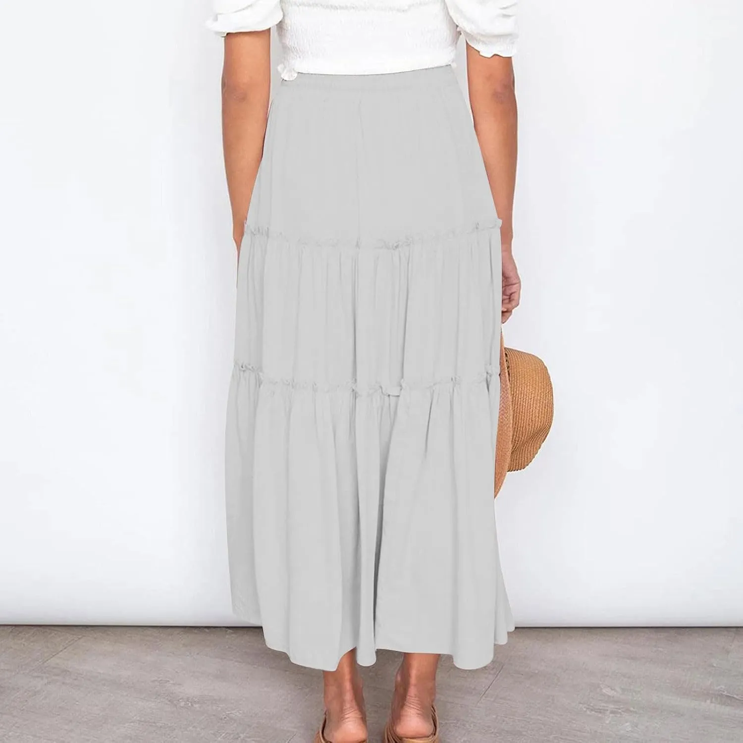 Womens Boho Maxi Skirt Elastic Waist A Line Ruffle Long Skirts Trendy Beach Midi Tiered Swing Skirts Flowy Skirt
