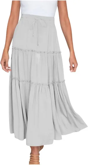 Womens Boho Maxi Skirt Elastic Waist A Line Ruffle Long Skirts Trendy Beach Midi Tiered Swing Skirts Flowy Skirt
