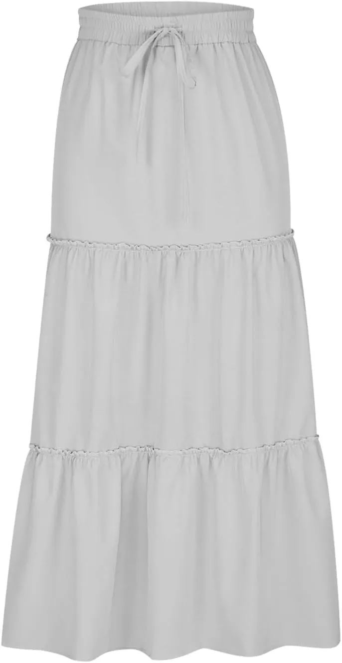 Womens Boho Maxi Skirt Elastic Waist A Line Ruffle Long Skirts Trendy Beach Midi Tiered Swing Skirts Flowy Skirt
