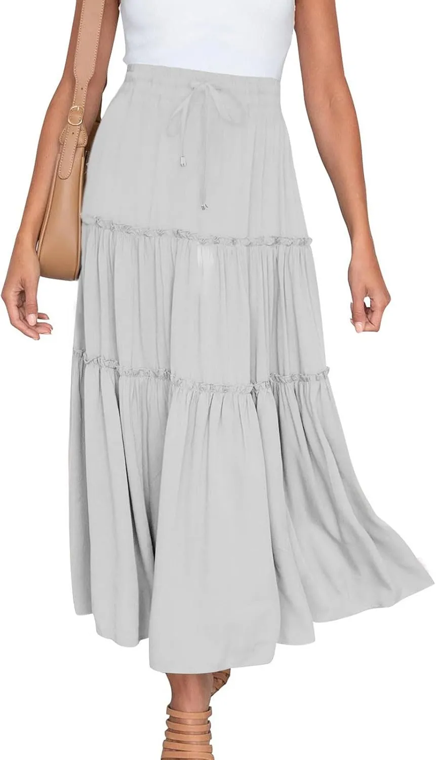 Womens Boho Maxi Skirt Elastic Waist A Line Ruffle Long Skirts Trendy Beach Midi Tiered Swing Skirts Flowy Skirt