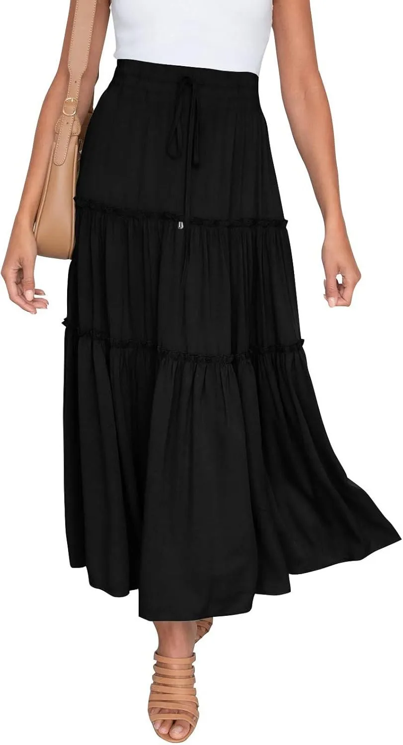Womens Boho Pleated Ruched Ruffle Drawstring High Rise Maxi Skirt Skirts for Women Trendy High Waist Robe Flowy Dress