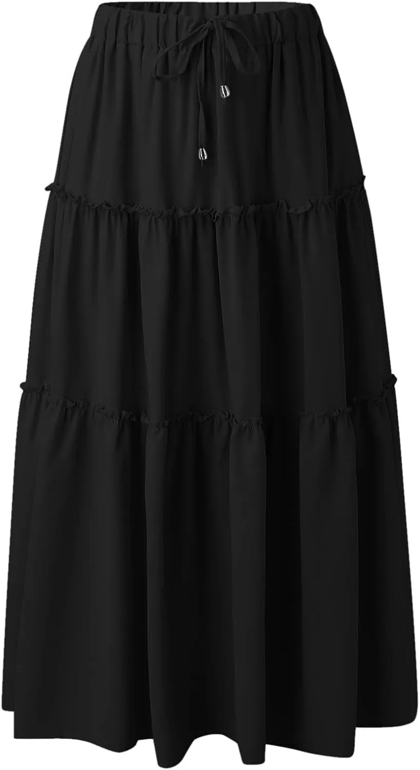 Womens Boho Pleated Ruched Ruffle Drawstring High Rise Maxi Skirt Skirts for Women Trendy High Waist Robe Flowy Dress