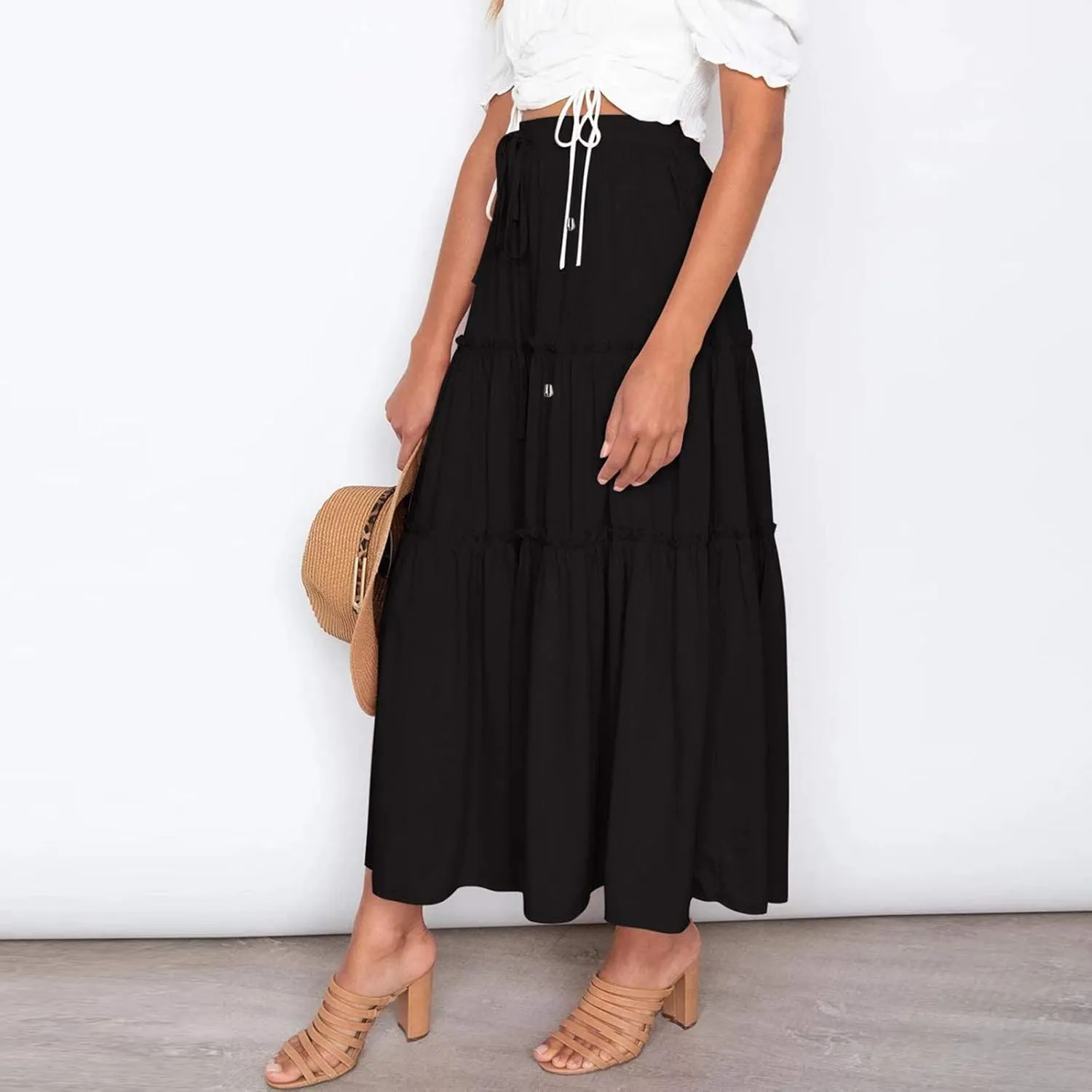 Womens Boho Pleated Ruched Ruffle Drawstring High Rise Maxi Skirt Skirts for Women Trendy High Waist Robe Flowy Dress