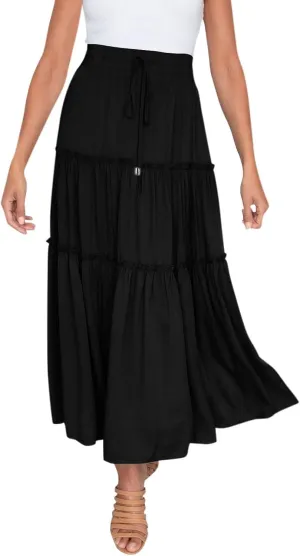 Womens Boho Pleated Ruched Ruffle Drawstring High Rise Maxi Skirt Skirts for Women Trendy High Waist Robe Flowy Dress