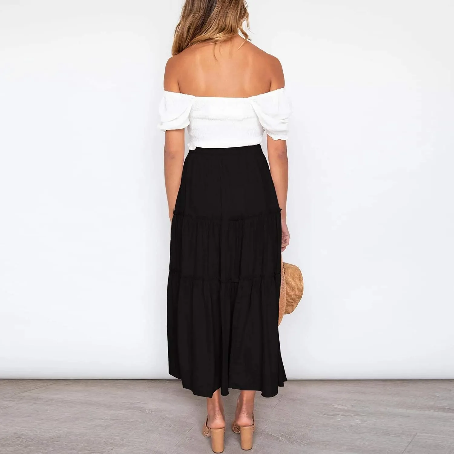 Womens Boho Pleated Ruched Ruffle Drawstring High Rise Maxi Skirt Skirts for Women Trendy High Waist Robe Flowy Dress