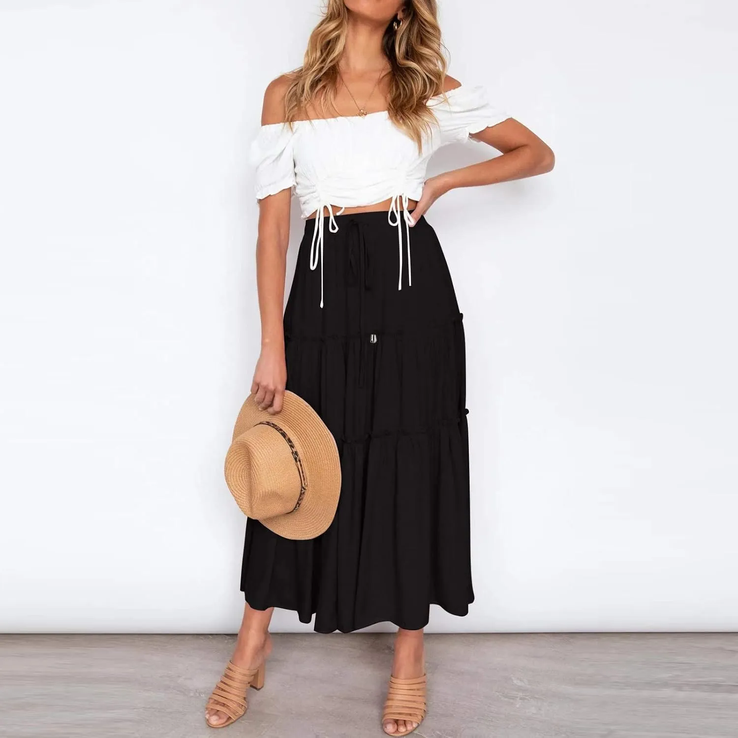 Womens Boho Pleated Ruched Ruffle Drawstring High Rise Maxi Skirt Skirts for Women Trendy High Waist Robe Flowy Dress