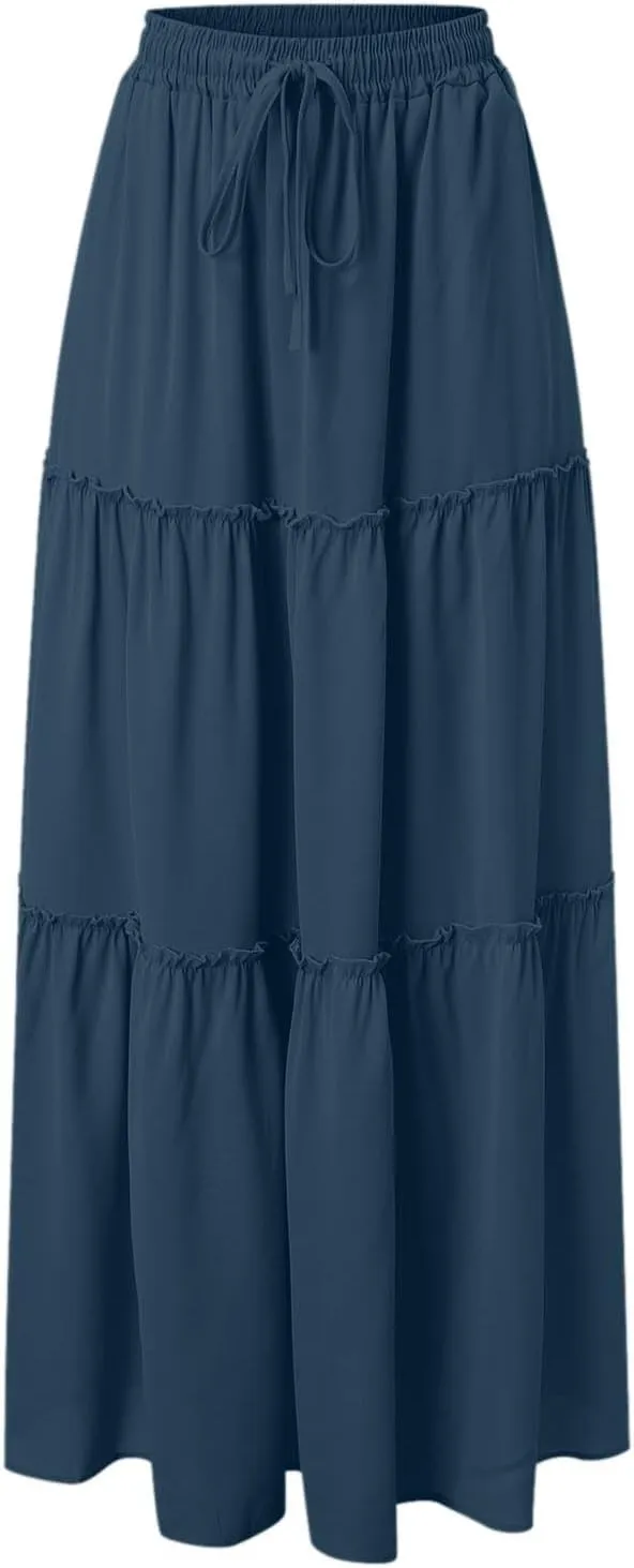 Womens Boho Skirt Elastic High Waist Pleated A-Line Flowy Swing Tiered Maxi Skirt 2025 Trendy Long Skirt Dress
