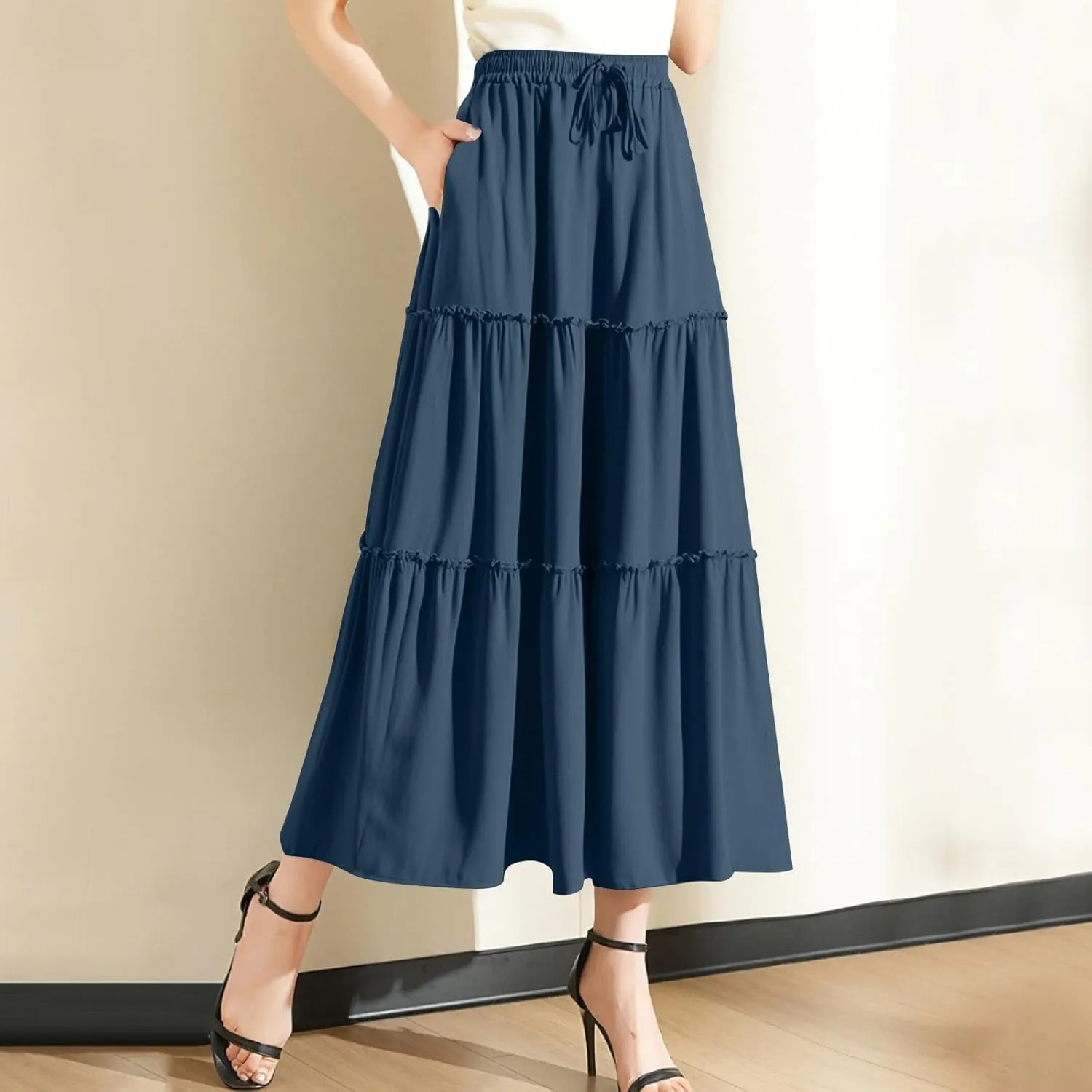Womens Boho Skirt Elastic High Waist Pleated A-Line Flowy Swing Tiered Maxi Skirt 2025 Trendy Long Skirt Dress