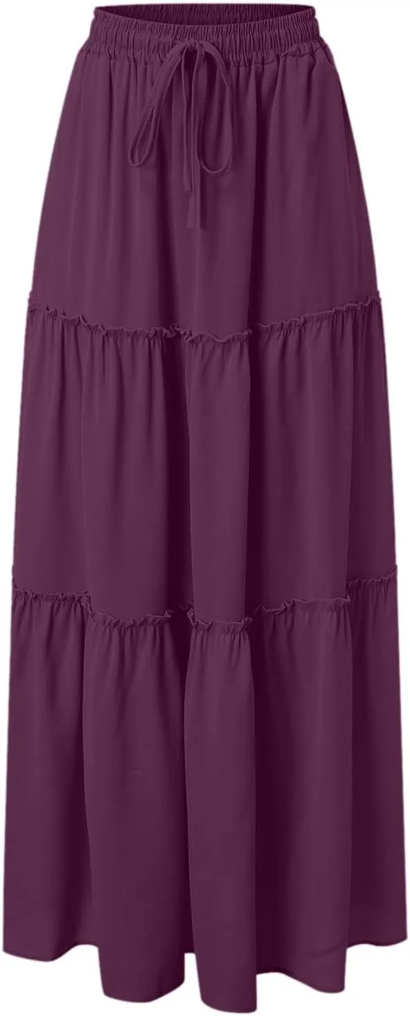 Womens Boho Skirt Elastic High Waist Pleated A-Line Flowy Swing Tiered Maxi Skirt 2025 Trendy Long Skirt Dress