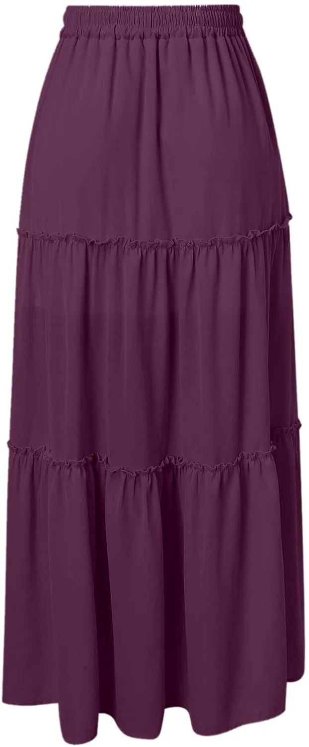 Womens Boho Skirt Elastic High Waist Pleated A-Line Flowy Swing Tiered Maxi Skirt 2025 Trendy Long Skirt Dress