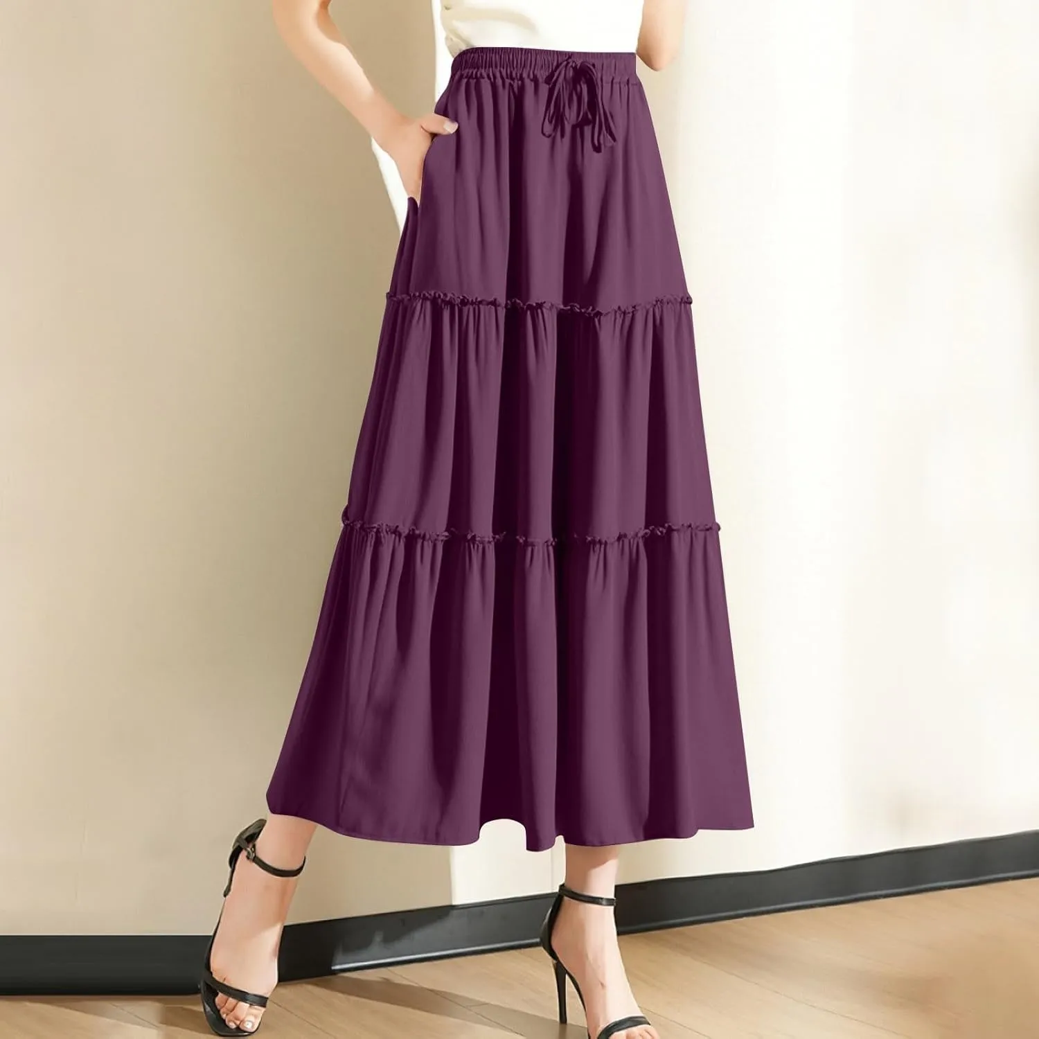 Womens Boho Skirt Elastic High Waist Pleated A-Line Flowy Swing Tiered Maxi Skirt 2025 Trendy Long Skirt Dress