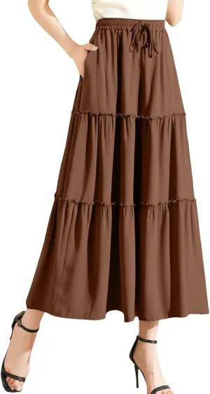 Womens Boho Skirt Elastic High Waist Pleated A-Line Flowy Swing Tiered Maxi Skirt 2025 Trendy Long Skirt Dress