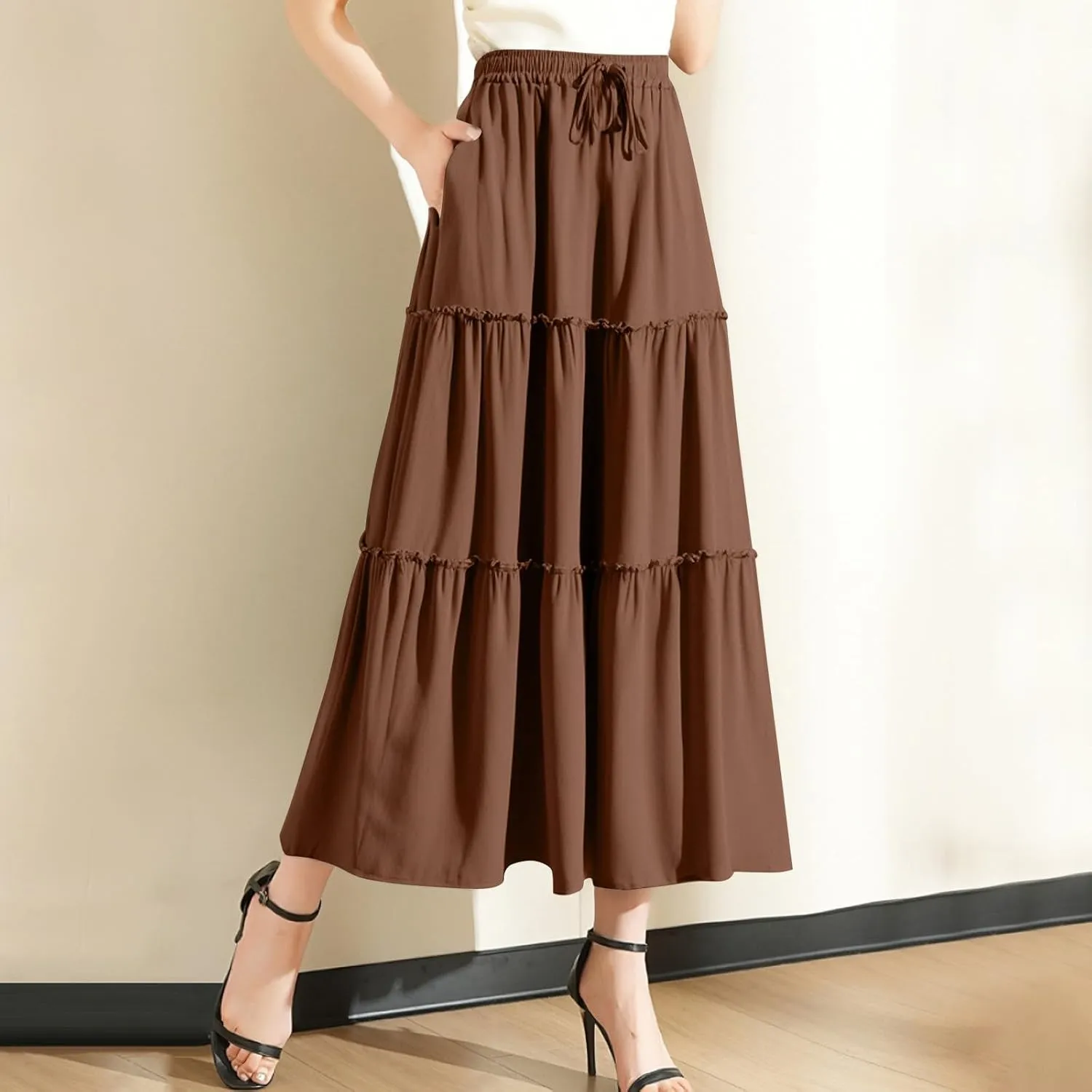 Womens Boho Skirt Elastic High Waist Pleated A-Line Flowy Swing Tiered Maxi Skirt 2025 Trendy Long Skirt Dress