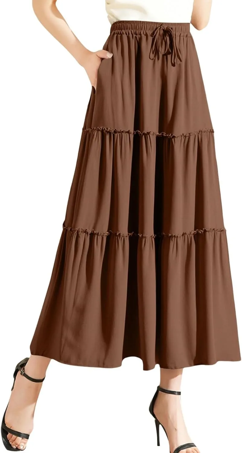 Womens Boho Skirt Elastic High Waist Pleated A-Line Flowy Swing Tiered Maxi Skirt 2025 Trendy Long Skirt Dress