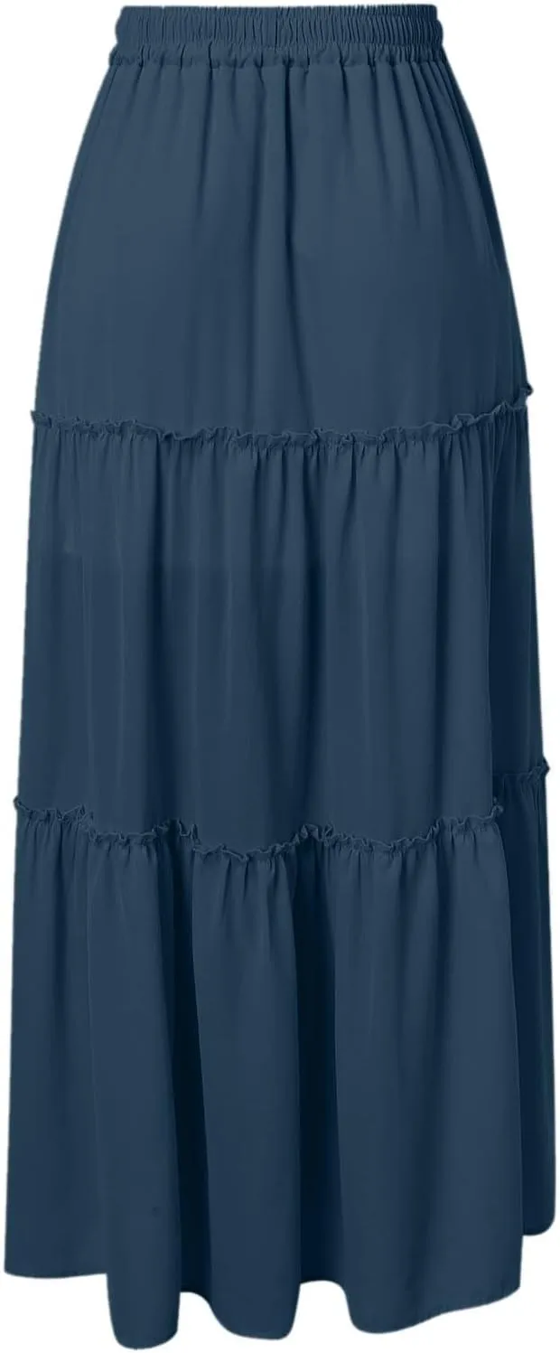 Womens Boho Skirt Elastic High Waist Pleated A-Line Flowy Swing Tiered Maxi Skirt 2025 Trendy Long Skirt Dress