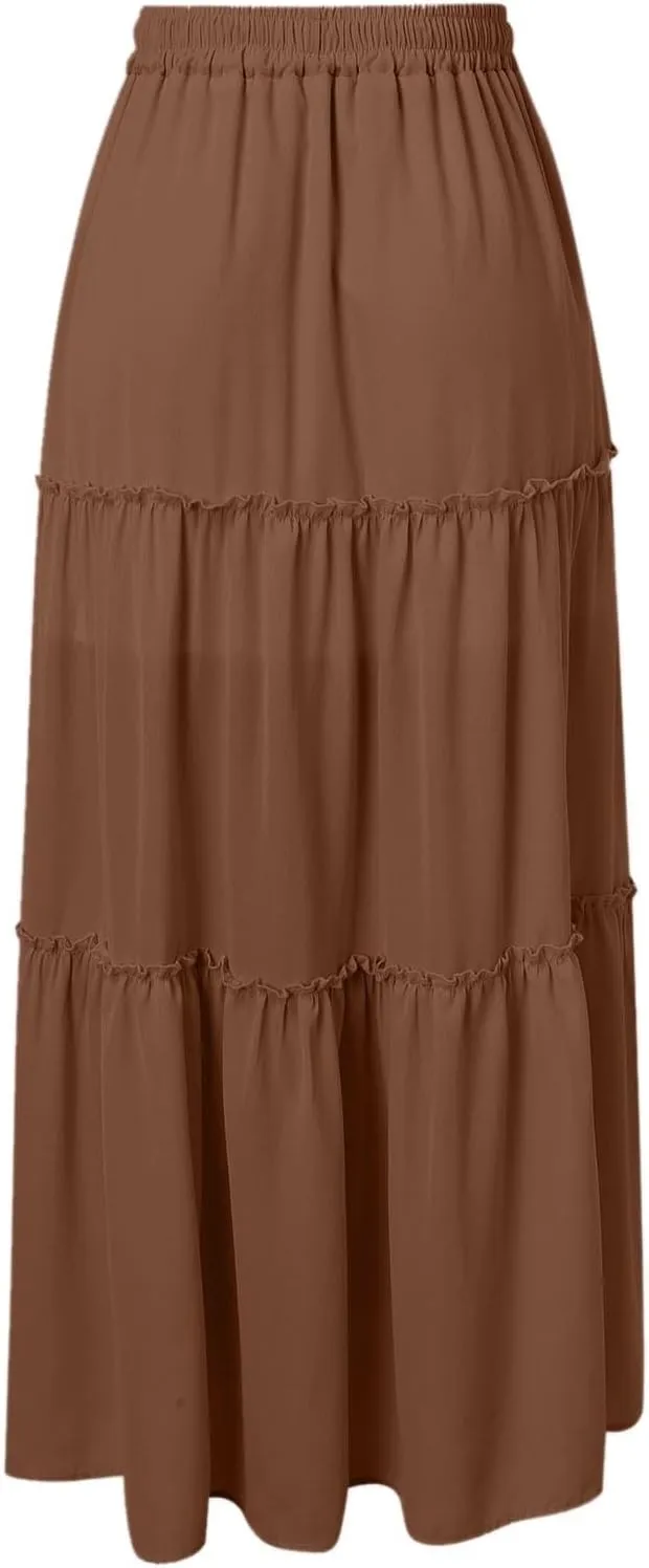 Womens Boho Skirt Elastic High Waist Pleated A-Line Flowy Swing Tiered Maxi Skirt 2025 Trendy Long Skirt Dress