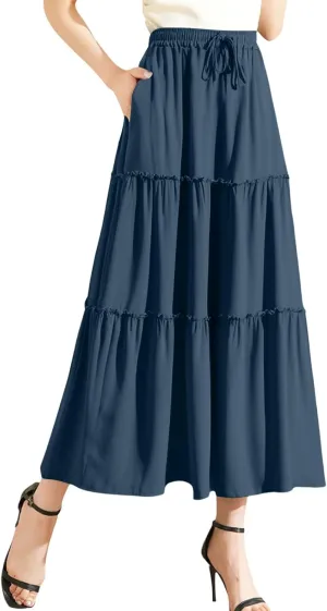 Womens Boho Skirt Elastic High Waist Pleated A-Line Flowy Swing Tiered Maxi Skirt 2025 Trendy Long Skirt Dress
