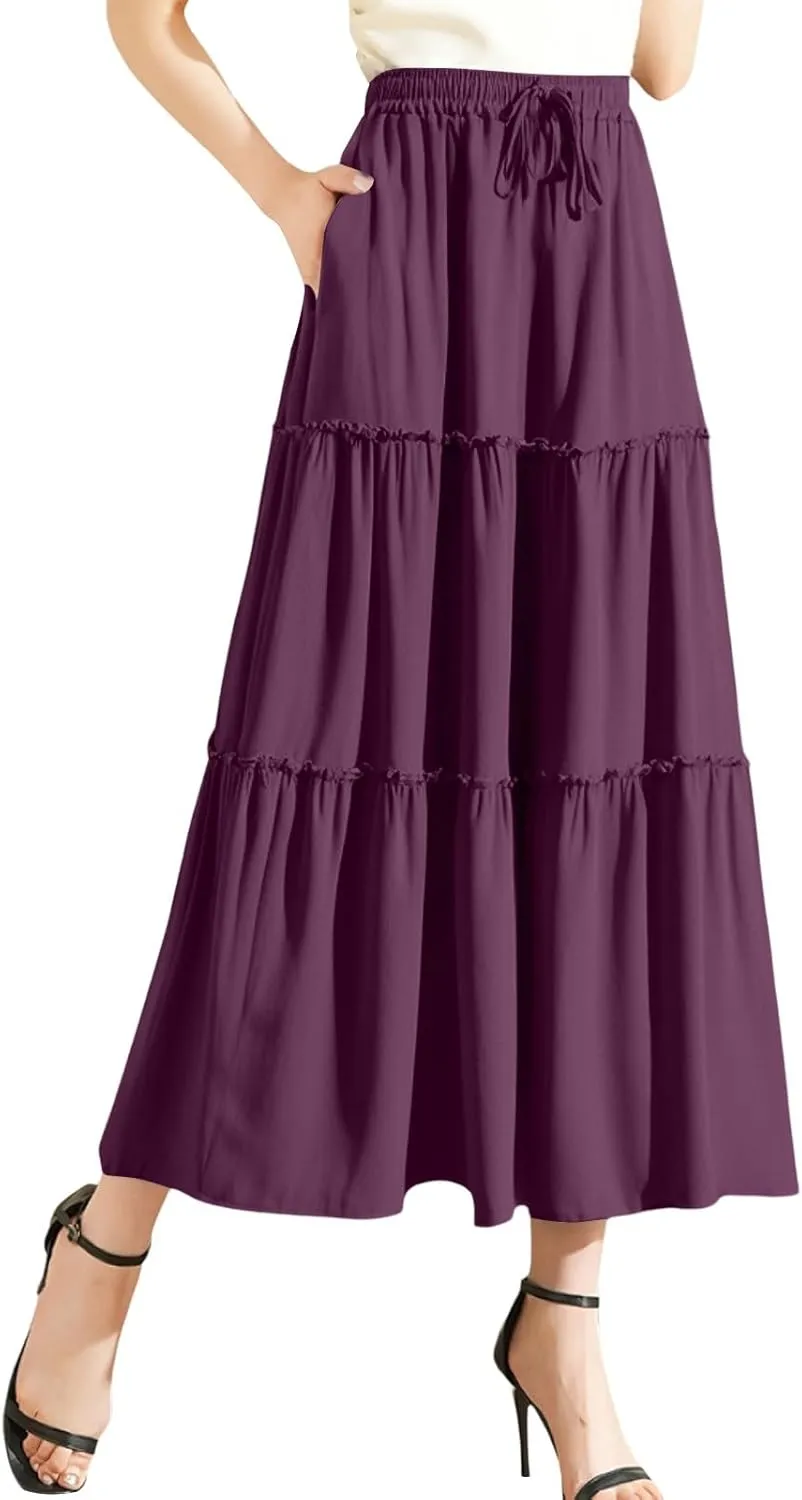 Womens Boho Skirt Elastic High Waist Pleated A-Line Flowy Swing Tiered Maxi Skirt 2025 Trendy Long Skirt Dress