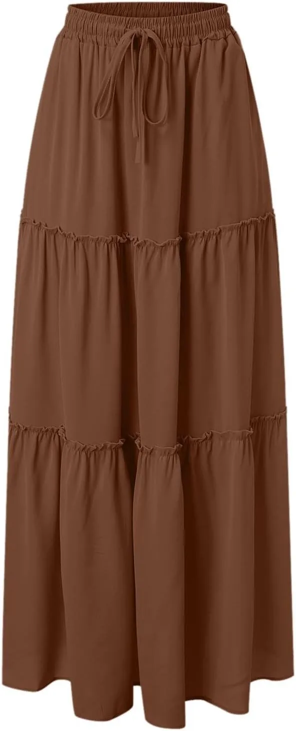 Womens Boho Skirt Elastic High Waist Pleated A-Line Flowy Swing Tiered Maxi Skirt 2025 Trendy Long Skirt Dress