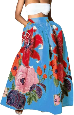 Women's Boho Skirt Summer Casual Loose Trendy Elastic High Waist Floral Print Bohemian Sun Beach Maxi Skirts 2025