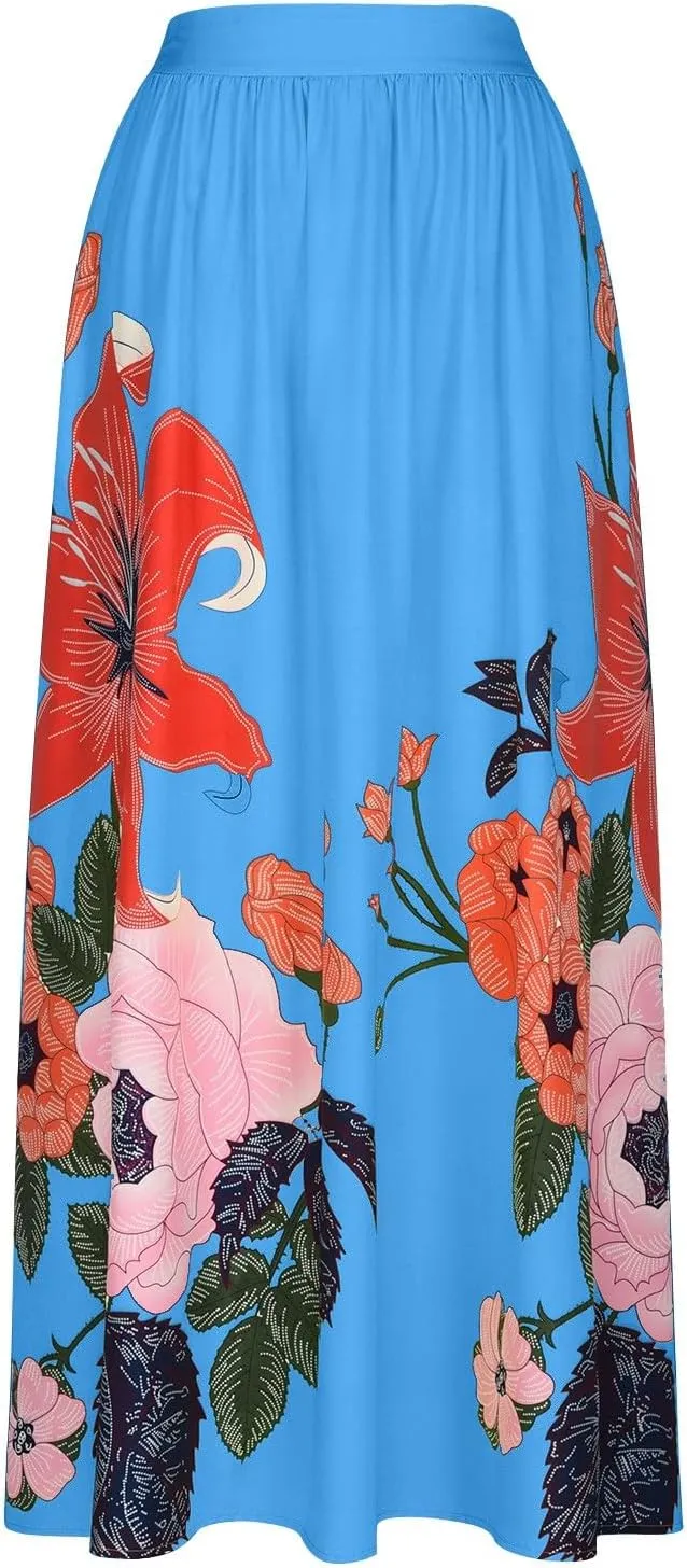 Women's Boho Skirt Summer Casual Loose Trendy Elastic High Waist Floral Print Bohemian Sun Beach Maxi Skirts 2025