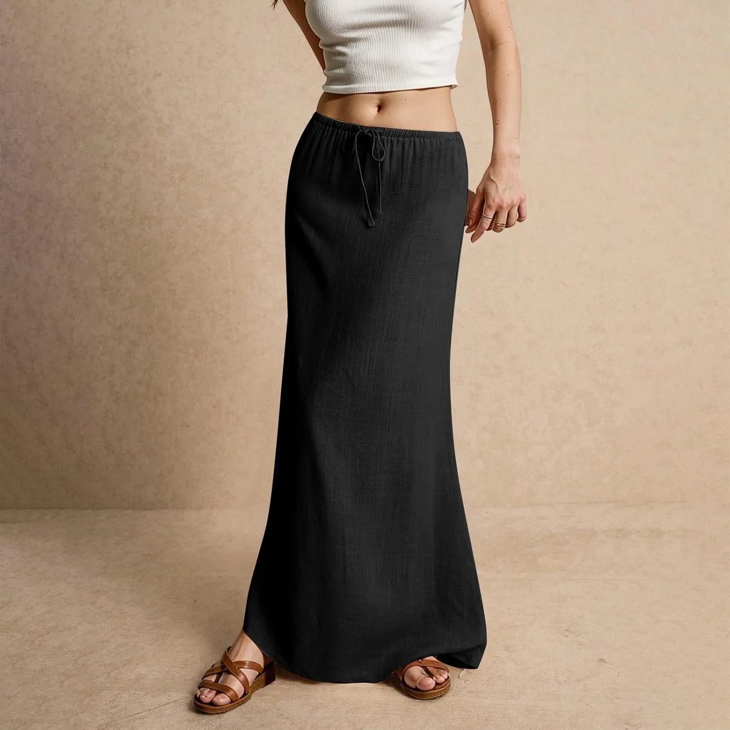Women's Boho Skirts Summer Casual Loose Trendy Drawstring Solid Color Long Maxi Beach Sun Skirt, S-2XL