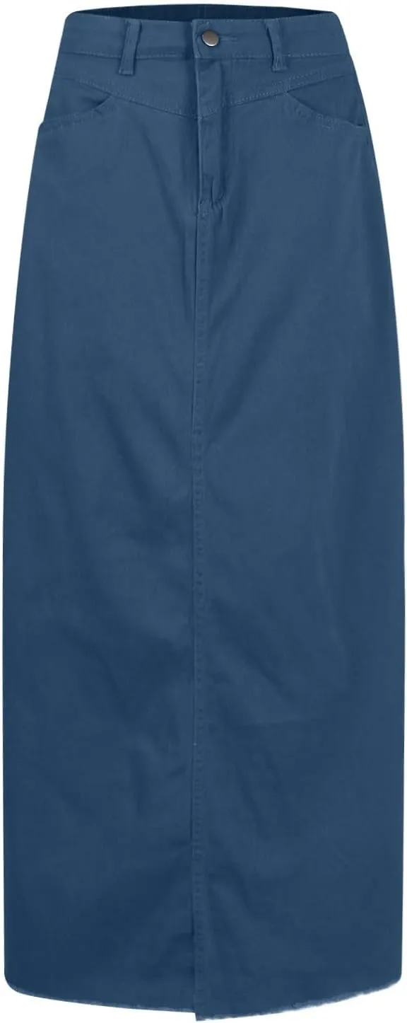 Women's Boho Skirts Summer Casual Loose Trendy Elastic Waist Solid Color Sun Beach Long Maxi Denim Skirt, S-XL