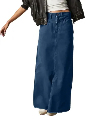Women's Boho Skirts Summer Casual Loose Trendy Elastic Waist Solid Color Sun Beach Long Maxi Denim Skirt, S-XL