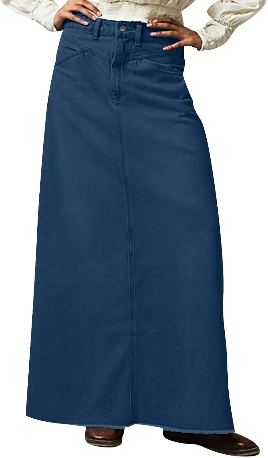 Women's Boho Skirts Summer Casual Loose Trendy Elastic Waist Solid Color Sun Beach Long Maxi Denim Skirt, S-XL