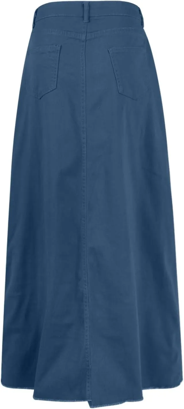 Women's Boho Skirts Summer Casual Loose Trendy Elastic Waist Solid Color Sun Beach Long Maxi Denim Skirt, S-XL