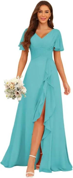 Women's Bridesmaid Dresses with Slit Chiffon 2025 Short Sleeves Formal Evening Party Dress with Pockets PU210