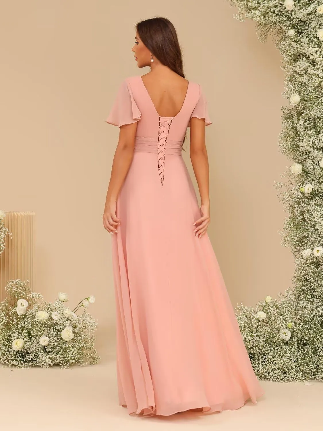 Women's Bridesmaid Dresses with Slit Chiffon 2025 Short Sleeves Formal Evening Party Dress with Pockets PU210