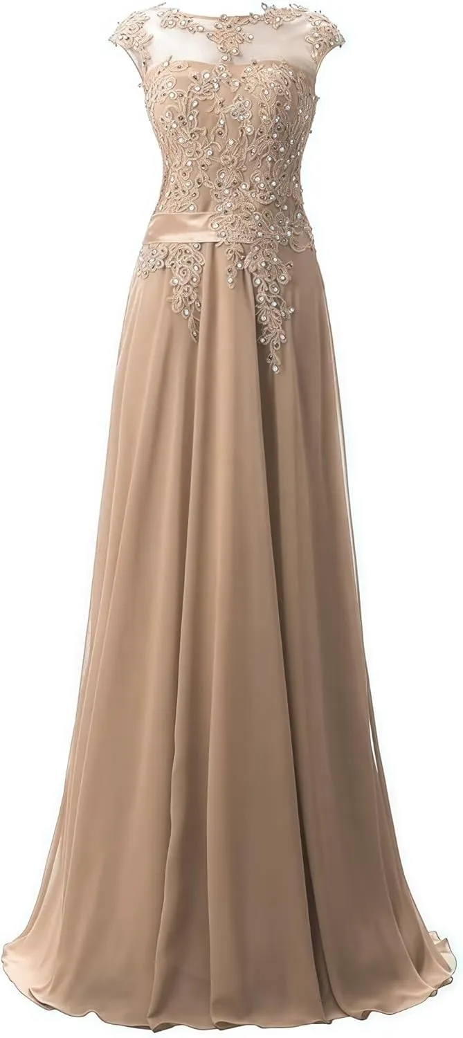 Women's Cap Sleeve Ruched Lace Bridesmaid Dresses Round Neck Chiffon Formal Evening Gowns